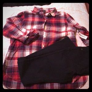 Pink, navy and white flannel button up shirt